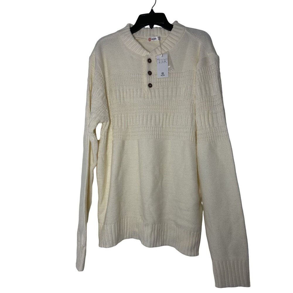 H2H Men's Ivory Knit Sweater Pullover Size XL Button Neck 100% Acrylic